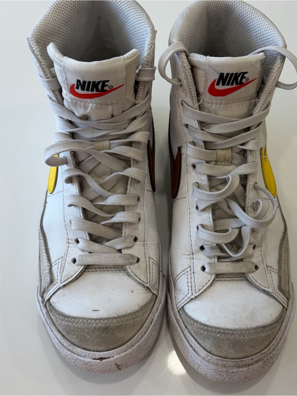 Kids 4Y Nike White High-Top Sneakers with Yellow and Brown Swooshes